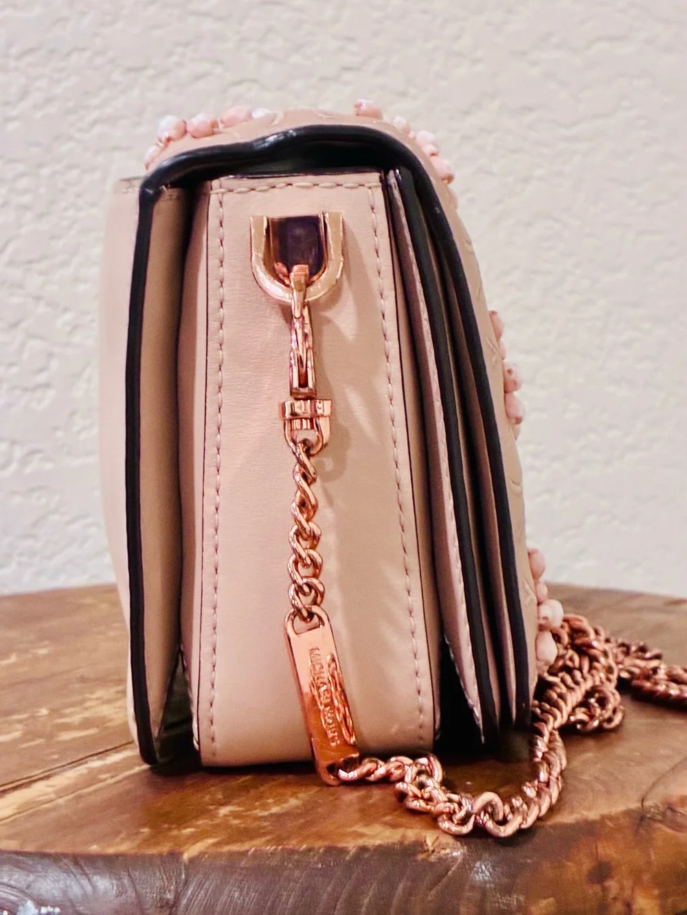 Michael Kors Jade Medium Gusset Blush Pink Gold Chain Beads Crossbody Handbag